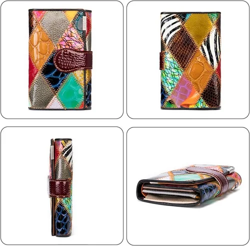 Vista 3 de Carteras multicolor para mujer, tarjetero de cuero genuino, monederos grandes, embrague para teléfono, Diamante multicolor-S, Cartera