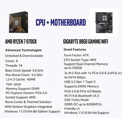 Vista 2 de Micro Center Procesador AMD 9700X con placa base WiFi para juegos GIGABYTE AMD Ryzen 7 9700X+ GIGABYTE B850 Gaming WIFI