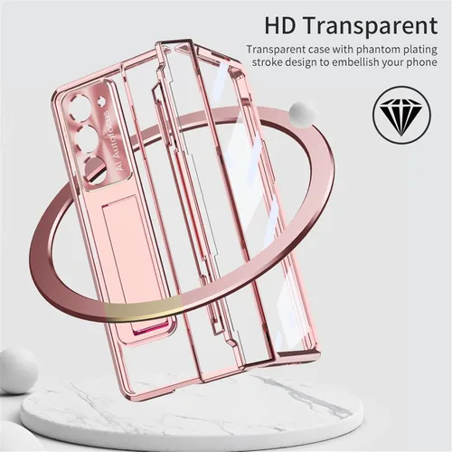 Vista 3 de Funda para Samsung Galaxy Z Fold 5 2023, carcasa de una pieza con protección de bisagra transparente Z Fold 5 con soporte, protector de pantalla Oro