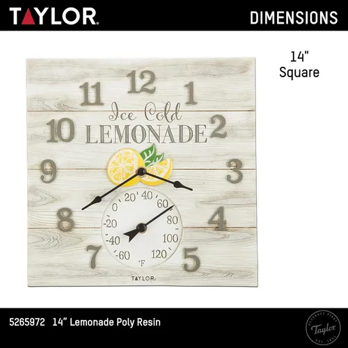 Vista 4 de Taylor Lemonade - Reloj y termómetro de poliresina para interiores y exteriores, 14 pulgadas, multicolor
