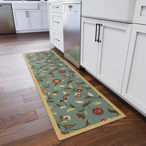 Vista 32 de Ottomanson, colección OttoHome, tapete para corredor con diseño azul claro y damasco (antiderrapante), parte trasera de goma Floral Beige