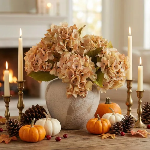 Vista 6 de TOPIA Flores de otoño de seda, hortensias secas artificiales, ramo de otoño, flores secas falsas para decoración del hogar (6 unidades)