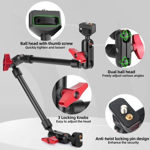 Vista 7 de HEMMOTOP Brazo mágico de 22 pulgadas con abrazadera, soporte de cámara de brazo articulado largo, soporte ajustable para teléfono con rotación