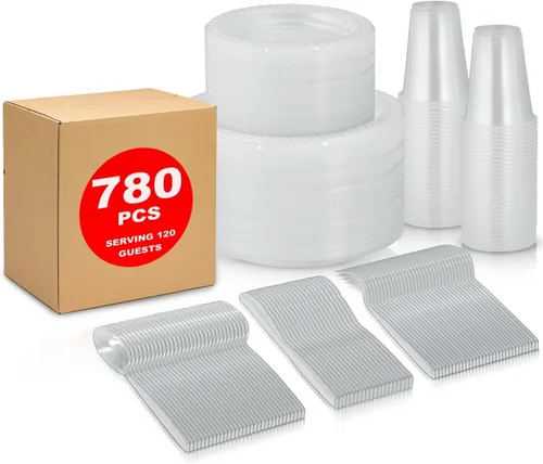 Framo- Juego de vajilla transparente desechable de 780 piezas para 120 invitados, juego de vajilla de plástico para microondas, 120 platos de 9