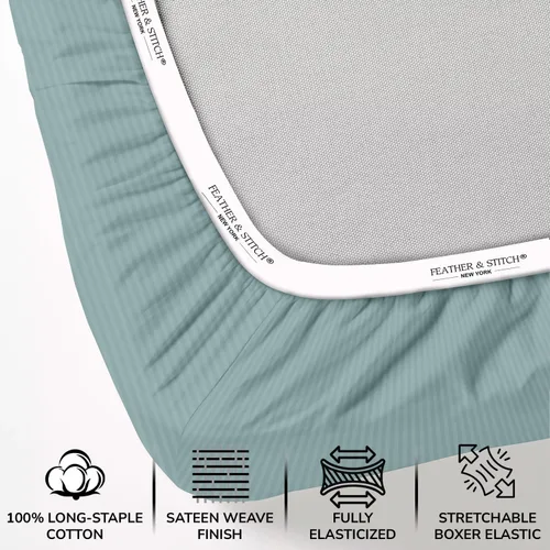 Vista 2 de Feather & Stitch - Sábana bajera ajustable de 100 % algodón, tejido satinado de damasco, transpirable a rayas, sábana elástica para colchón de 18