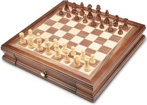 Vista 2 de AMEROUS 12.8" x 12.8" Magnetic Wooden Chess Set with 2 Built-in Storage Drawers - 2 Bonus Extra Queens - Gift Packaging - Staunton Chess Pieces