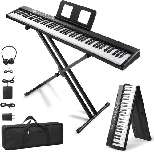 Ktaxon - Set de piano de teclado electrónico plegable de 88 teclas, piano eléctrico semipesado, piano digital con soporte X doble, 2 modos