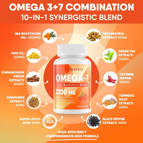 Vista 3 de Aceite de espino cerval de mar omega-7 con aceite de pescado omega-3 EPA/DHA, cinamomo, fenogreco, ALA, té verde, pimienta de cayena, cúrcuma