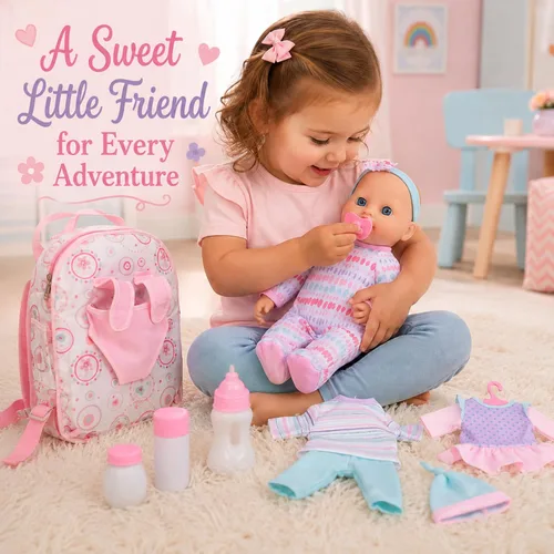 Vista 2 de Muñeca de bebé de cuerpo suave con ropa en mochila para llevar, muñeca de bebé infantil de 12 pulgadas con accesorios para niños pequeños y niños