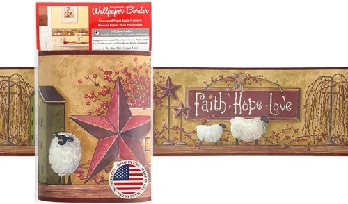 CONCORD WALLCOVERINGS ™ Borde de papel tapiz prepegado – Faith Hope Love, diseño patriótico de estrella de granero, decoración tradicional americana