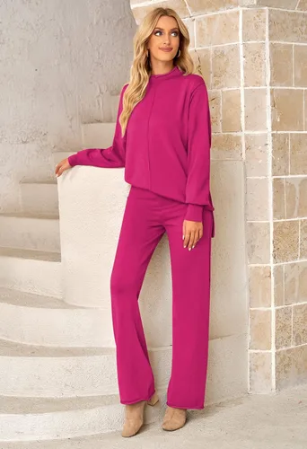 Vista 7 de Linsery Conjunto de suéter de 2 piezas para mujer, cuello alto, suéter de punto de pierna ancha, sudadera casual