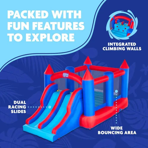 Vista 2 de Sunny & Fun Castillo hinchable inflable con doble tobogán – Resistente para la diversión al aire libre – Pared de escalada, toboganes, casa