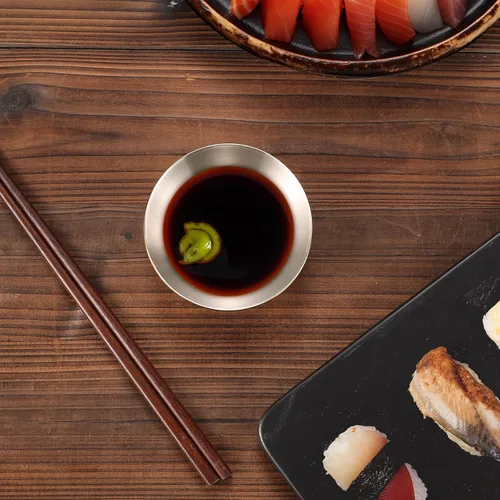 Vista 6 de Tazas de salsa de 3 onzas, 24 piezas de acero inoxidable de dos tonos. Recipientes reutilizables apilables para porciones para muestreo, aderezo