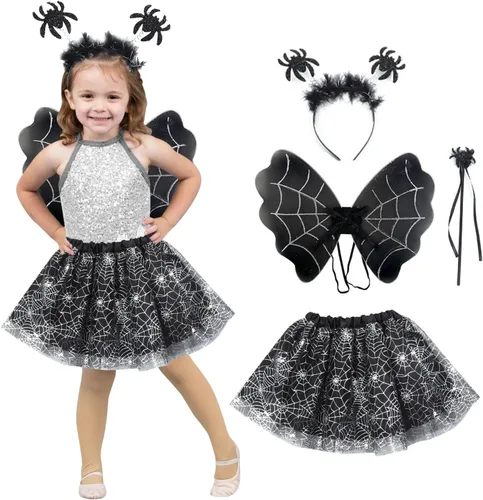 Halloween Bat Costume Set for Kids, Tutu Skirt for Girls with Headband and Wand Bat Wings Halloween Party Dress up Kit