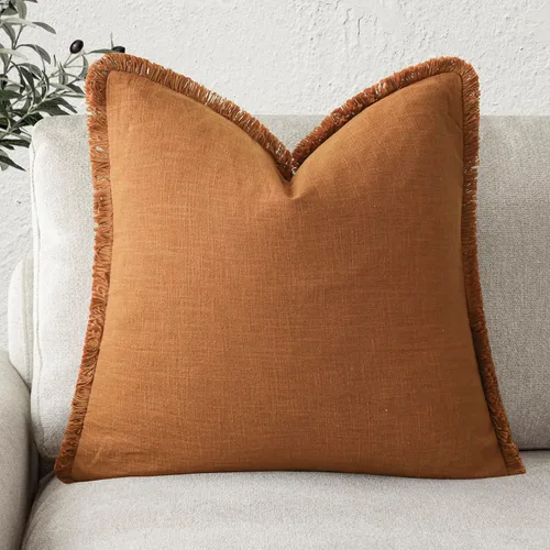 Vista 51 de Foindtower Fundas de almohada decorativas de lino con flecos, acogedora funda de cojín bohemia estilo farmhouse con borlas, funda de almohada