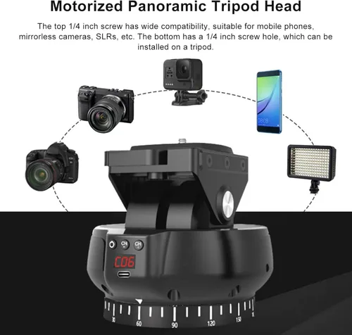 Vista 4 de Cabezal de trípode panorámico motorizado, cabezal de trípode de cámara electrónica de 2.4G + rotación de 360° + inclinación ±35° + control remoto.