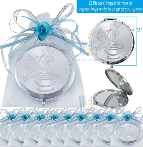 Vista 2 de WE 12 piezas de bautismo compacto espejo favor -Bautizo Recuerdos/maquillaje de espíritu santo compacto con bolsa decorada
