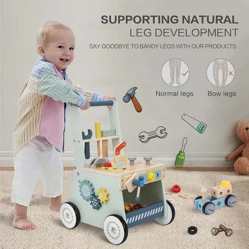Vista 3 de 2-in-1 Wooden Baby Walker and Tool Bench with Building Play, Blue Azul
