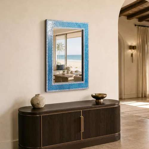 Vista 2 de Espejo de pared de mosaico de vidrio agrietado turquesa de 30 x 24 pulgadas, espejo de pared rectangular decorativo hecho a mano, colgante