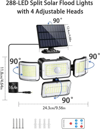 Vista 4 de CLAONER Luces solares para exteriores, sensor de movimiento, 3500 lm, 288 luces LED de seguridad con control remoto, IP67, impermeable, 4 cabezales