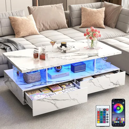 Vista 12 de Mesa de centro LED grande de 43 pulgadas con 2 cajones de almacenamiento grandes, luces de 60.000 colores, control de aplicación, mesa auxiliar