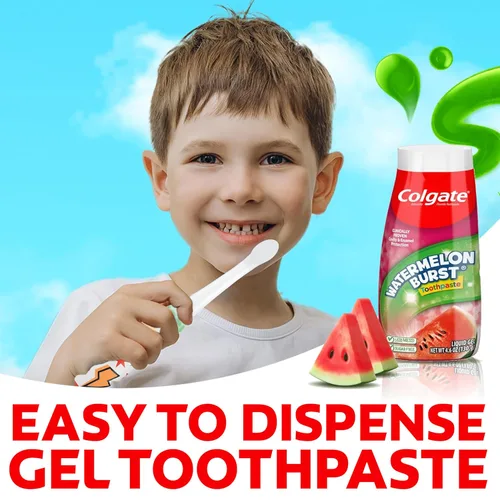 Vista 3 de Colgate pasta de dientes anticavidades para niños con flúor para edades de 2+, sabor a explosión de sandía - 4.6 onzas (4 unidades)