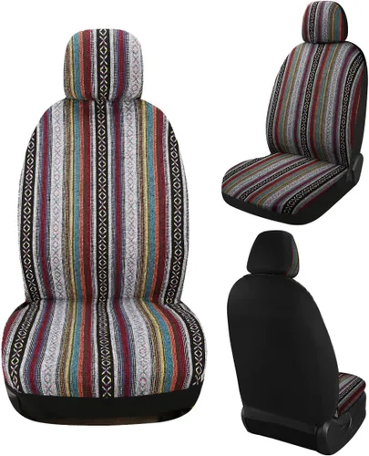 Vista 2 de PONYJOYUP Baja Saddle Blanket - Fundas de asiento de automóvil, 4 piezas delanteras, transpirables y lavables, tejido a rayas, funda de asiento