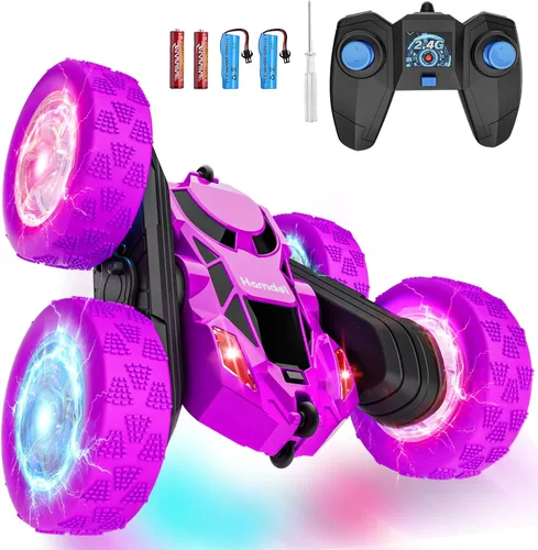 Vista 19 de Hamdol Auto de control remoto para niños, auto de acrobacias RC giratorio de 360°, vehículo eléctrico 4WD de doble cara con luces LED, autos