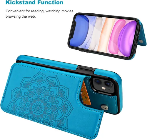 Vista 5 de Vaburs Funda compatible con iPhone 11 con tarjetero y diseño de mandala en relieve, piel sintética de alta calidad, doble botones magnéticos, a
