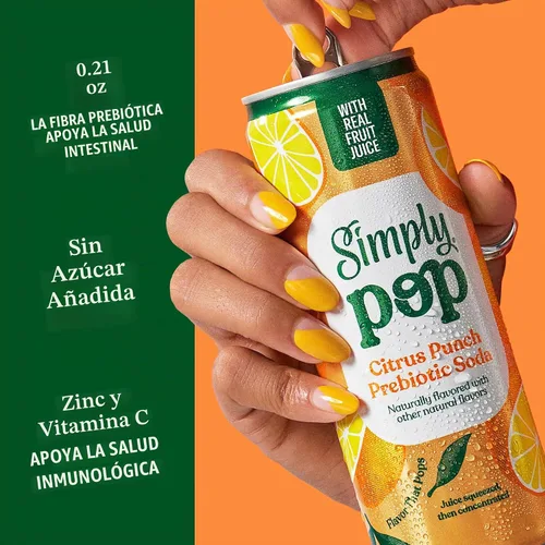 Vista 2 de Simply POP Soda Prebiótica Ponche Cítrico en Latas, 12 fl oz, Paquete de 12