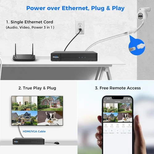 Vista 7 de [Seguimiento humano+disco duro de 3 TB] Sistema de cámara de seguridad Hiseeu 4K PoE, sistema de seguridad para el hogar con 4 cámaras con cable PoE
