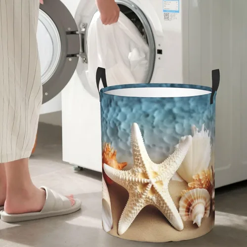 Vista 7 de Starfish Coral and Seashell print Circular Hamper Waterproof Storage Bin Organizer Basket Laundry Hamper With Handles For Clothes Toys Small