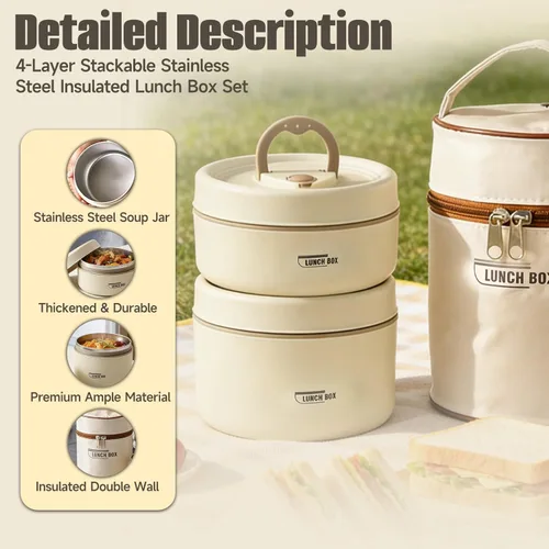 Vista 2 de Juego de recipientes de almuerzo aislados de 4 niveles, caja Bento apilable de acero inoxidable con bolsa de almuerzo aislada, recipientes