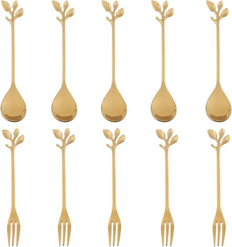 Vista 8 de AnSaw - Juego de 10 piezas de cucharas y tenedores mini de color oro rosa, 4.7" - Acero inoxidable, mango de hojas, ideal para café, té, aperitivos
