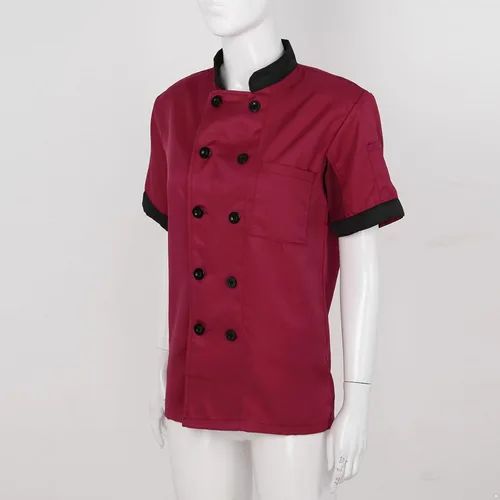 Vista 4 de Aiihoo Chaqueta de chef de manga corta para mujer, con cuello abotonado, camisa de cocina, uniforme de trabajo