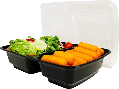 Vista 2 de Reli. Recipientes para preparación de comidas, 30 onzas (paquete de 50 unidades), contenedor de alimentos negro de 2 compartimentos con tapa