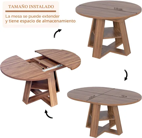 Vista 3 de Mesa de comedor redonda extensible de 43.3 a 59 pulgadas para 4 a 8, moderna mesa de comedor ovalada de cocina con hojas extraíbles, ahorro de Nogal