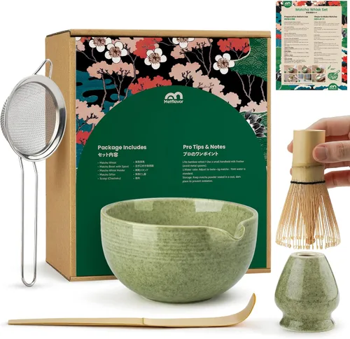 Juego de batidor de matcha, kit de cerámica y persecución de bambú hecho a mano, juego completo de 5 piezas de batidor y cuenco, tamiz de acero