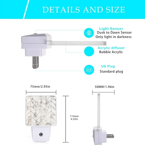 Vista 2 de Luz nocturna geométrica de línea de mármol, luces nocturnas enchufables con sensor de atardecer a amanecer para escalera/pasillo/cocina, lámpara