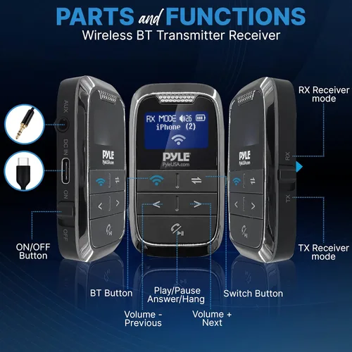 Vista 2 de Pyle Receptor transmisor de transmisión Bluetooth inalámbrico, adaptador de audio 2 en 1 para electrodomésticos, automóviles y otros usos, pantalla