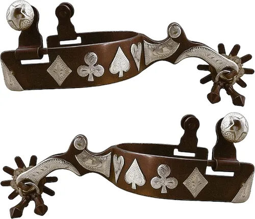 Espuelas occidentales envejecidas con adornos grabados a mano en plata alemana y ruleta con jingle bobs