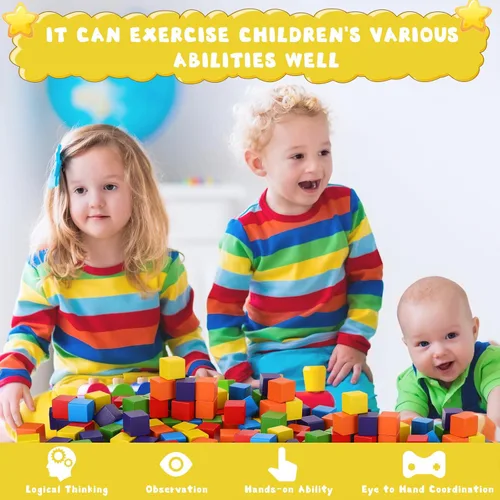 Vista 4 de Libima Juego de 100 bloques de construcción de madera de 1.2 pulgadas, juego de bloques de madera de arco iris, cubos cuadrados de madera coloridos