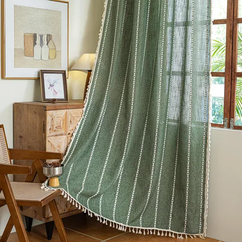 Vista 32 de Sutuo Home Cortinas de puerta francesa para puerta de patio, cortinas de lino semiopacas bohemias con borlas, tiras de granja a cuadros, decoración