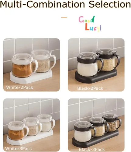 Vista 7 de Tarros de especias de condimentos de vidrio, 5.6 onzas/8.6 fl oz, recipiente para especias con tapas y cucharas y bandeja, recipientes de vidrio B-3