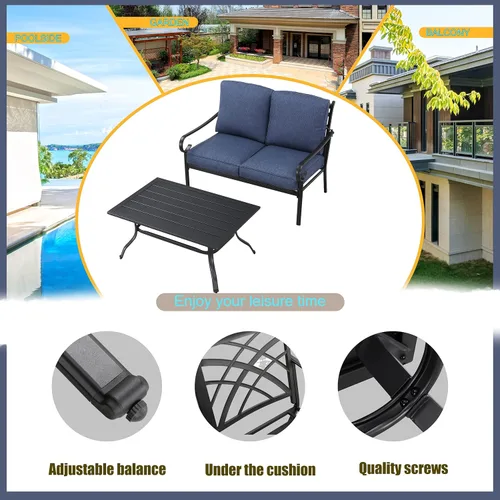 Vista 5 de LOKATSE HOME Juego de sofá biplaza de patio de 2 piezas para exteriores acolchado con mesa auxiliar, marco de acero, azul