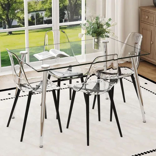 Vista 27 de Juego de mesa de comedor de cristal de Ebullient para 4 personas, juego de 5 piezas con 4 sillas de comedor de piel sintética negras, tablero