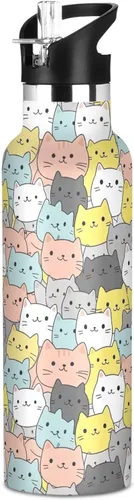 Kids Water Bottle for School Leakproof Kids Insulated Water Bottle 20oz, BPA-Free, Cute Cats Colorful