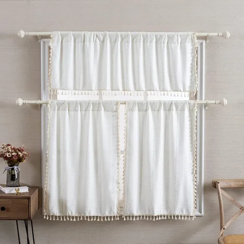 Vista 3 de RoomTalks - Cortinas de cocina bohemias negras, rústicas y vintage, a rayas francesas, modernas, con borlas, para ventanas pequeñas, cocina y baño