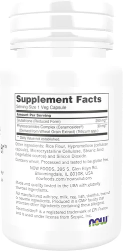 Vista 2 de NOW Foods Solutions, Aclarador de piel con glutatión con Ceramosides®, Hidratante e Iluminador, 30 Cápsulas Vegetales