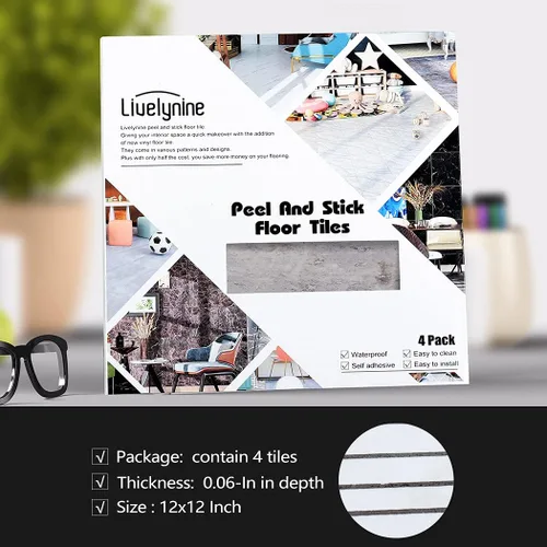 Vista 6 de Livelynine Azulejos de suelo impermeables de 12 x 12 pulgadas, suelo de vinilo de piedra moteada para baño, azulejos autoadhesivos para cocina